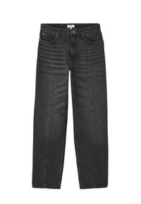 Jean en denim noir avec une coupe droite, dotée de deux poches avant, de légères lignes décolorées et d'une fermeture à bouton classique.