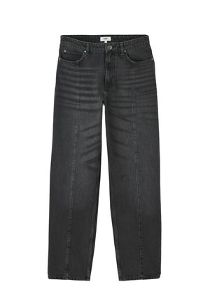 Jean en denim noir avec une coupe droite, dotée de deux poches avant, de légères lignes décolorées et d'une fermeture à bouton classique.