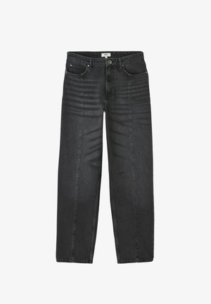 Jean en denim noir avec une coupe droite, dotée de deux poches avant, de légères lignes décolorées et d'une fermeture à bouton classique.