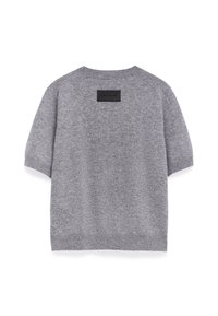 Maglione grigio a maniche corte lavorato a maglia con scollo rotondo e tessuto testurizzato. Presenta un'etichetta nera nella parte superiore della schiena.