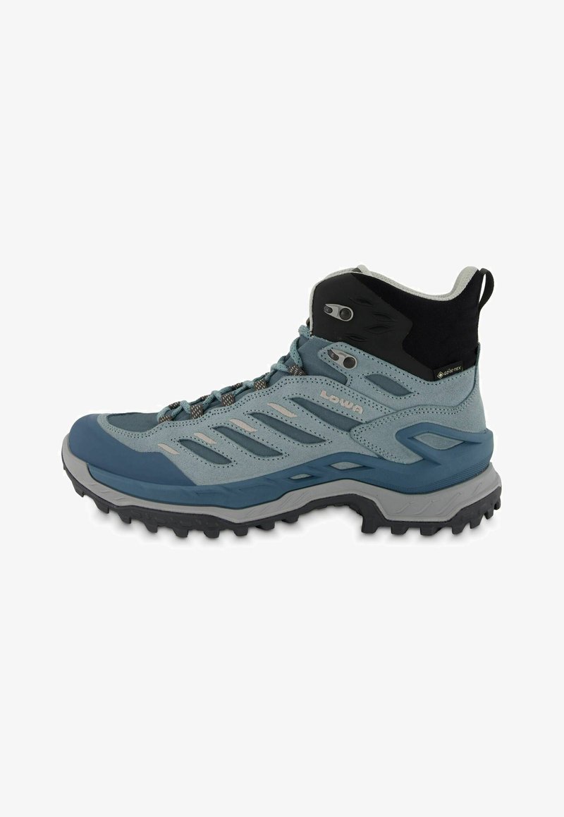 Stivale da trekking alla caviglia alta in blu chiaro e grigio con una parte superiore testurizzata, suola in gomma e punta rinforzata. Presenta lacci e dettagli in Gore-Tex.