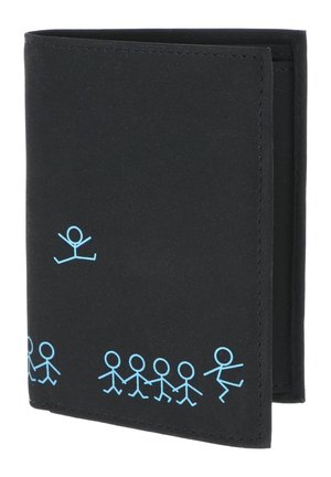 Portefeuille noir à deux volets avec des dessins de bonhommes bâtons bleu clair qui se tiennent la main et un qui saute au-dessus sur la couverture avant.