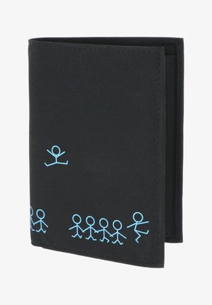 Portefeuille noir à deux volets avec des dessins de bonhommes bâtons bleu clair qui se tiennent la main et un qui saute au-dessus sur la couverture avant.