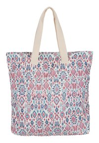 Multikleurige draagtas met een geometrisch patroon in roze, blauw en wit. Katoenen stof met crèmekleurige handvatten. Ruimtelijk ontwerp.