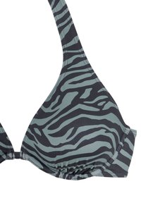 Trikampis bikini viršus turkio ir juodos zebro raštu, su reguliuojamomis petnešomis ir šukuosena apačioje. Elastinga medžiaga.