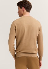 Maglione leggero beige a maglia con maniche lunghe, polsini a coste e scollatura rotonda, visto dal retro. Fit casual con texture.
