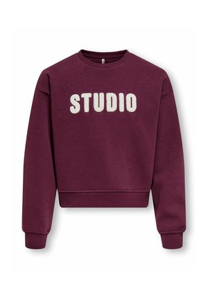 Sweat-shirt bordeaux à col rond avec manches longues et lettres blanches épaisses et texturées formant le mot « STUDIO » sur la poitrine.