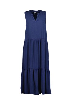 Robe longue sans manches bleu marine avec un décolleté fendu et deux volants froncés créant une silhouette fluide.