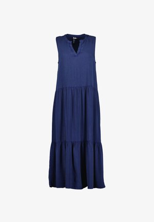 Robe longue sans manches bleu marine avec un décolleté fendu et deux volants froncés créant une silhouette fluide.