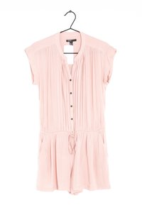 Lichtroze mouwloze romper met een knoopsluiting aan de voorkant, geplooid ontwerp, elastische taille en zijzakken. Zachte stof en casual pasvorm.