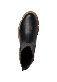 Bottines noires en cuir avec un col en feutre gris texturé, bout rond et épaisse semelle en caoutchouc beige. Design fermé sans attaches visibles.