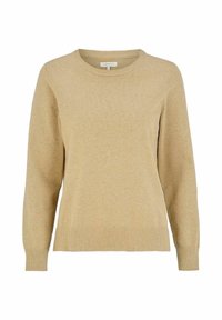 Beige neulepaita, jossa pyöreä pääntie, pitkät hihat ja resorit helmassa. Valmistettu pehmeästä kankaasta, jossa sileä rakenne ja yksinkertainen muotoilu.