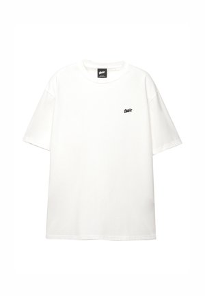 White short-sleeve T-shirt with small black logo on left chest and round neckline, displayed on a plain white background.