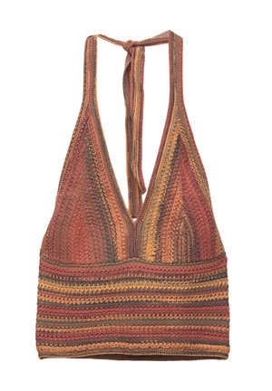 Top a halter in stile uncinetto nei toni terreni del rosso, marrone e arancione. Presenta una profonda scollatura a V, spalline spesse e una chiusura a fiocco sul retro.