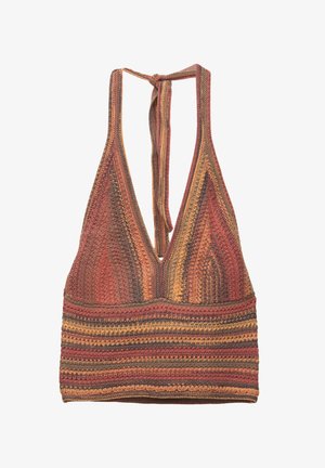 Gehaakte haltertop in aardetinten van rood, bruin en oranje. Heeft een diepe V-hals, dikke bandjes en een striksluiting op de rug.