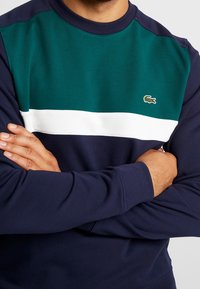 Neulepaita, jossa on tummansinisiä, vihreitä ja valkoisia värilohkoja. Siinä on resorit hihansuissa ja pyöreä pääntie. Pieni kirjailtu logo rinnassa.