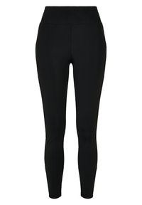 Černé legíny vyrobené z elastického materiálu, s vysokým pasem a hladkým, lesklým povrchem bez viditelných švů nebo vzorů.