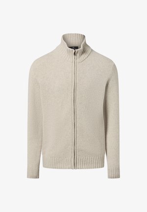 Cardigan beige con zip e colletto alto, realizzato in tessuto a maglia testurizzato. Presenta polsini e orli a costine, con una chiusura con zip liscia sul davanti.