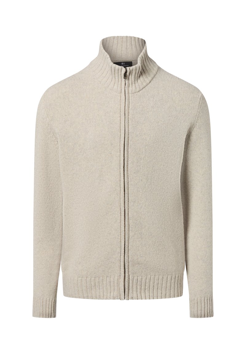 Beige Strickjacke mit hohem Kragen und Reißverschluss aus strukturiertem Strickstoff. Verfügt über gerippte Bündchen und Saum sowie einen glatten Reißverschluss auf der Vorderseite.