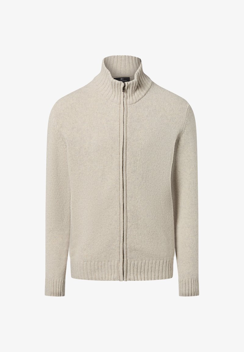 Beige Strickjacke mit hohem Kragen und Reißverschluss aus strukturiertem Strickstoff. Verfügt über gerippte Bündchen und Saum sowie einen glatten Reißverschluss auf der Vorderseite.