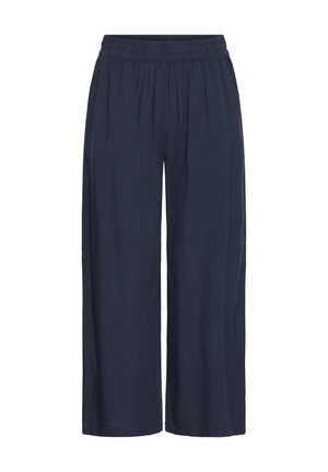 Pantalon bleu marine à coupe ample avec taille élastique et jambes larges, fabriqué en tissu léger et fluide.