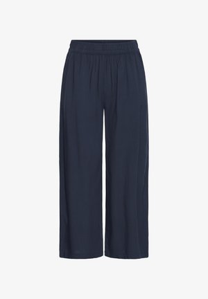 Pantalon bleu marine à coupe ample avec taille élastique et jambes larges, fabriqué en tissu léger et fluide.