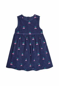 Marineblauwe corduroy jurk met roze kersbroderie en groene strikjes. Heeft gekartelde randen en knoopsluitingen aan de zijkant. Ontwerp met uitlopende rok.