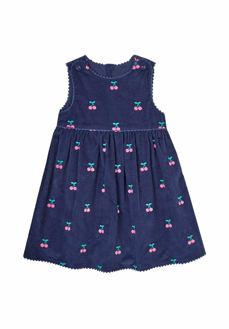 Marineblauwe corduroy jurk met roze kersbroderie en groene strikjes. Heeft gekartelde randen en knoopsluitingen aan de zijkant. Ontwerp met uitlopende rok.
