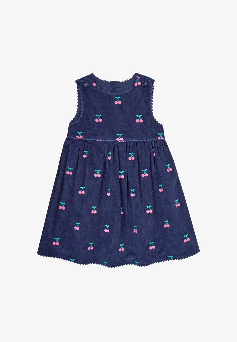 Tamsiai mėlynas kordūrovo suknelė su rožinėmis vyšnių siuvinėjimais ir žaliais kaspinais. Yra bangelės formos kraštai ir šoninės sagčių uždarymo detalės. Suknelės sijonas su nedideliu pūstu dizainu.