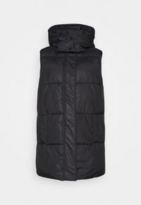 Svart vadderad väst med hög krage och huva. Har vertikala sömmar, två framfickor och rak nederkant. Materialet har en slät yta.