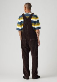 Bruna kordflortoverall med en lös passform, som har två framfickor och justerbara axelremmar, tillsammans med en randig färgblockerande t-shirt.