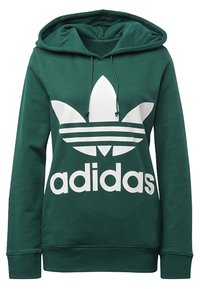 Hoodie vert avec un grand logo Adidas blanc. Il comporte une capuche avec cordon de serrage, des manches longues et des bords côtelés au niveau des manches et de l'ourlet. Matériau en coton.