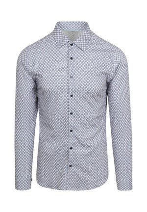 Lange mouw shirt in lichtblauw met geometrische patronen, voorzien van een gespreid kraag en donkere knopen aan de voorkant. Gestructureerde pasvorm.