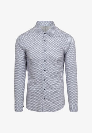 Lange mouw shirt in lichtblauw met geometrische patronen, voorzien van een gespreid kraag en donkere knopen aan de voorkant. Gestructureerde pasvorm.