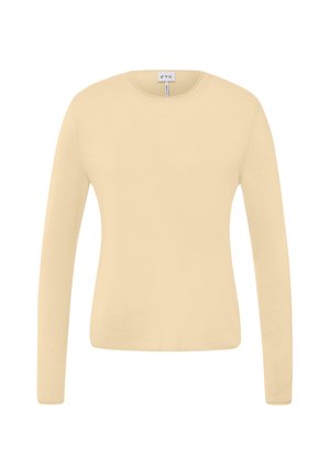 Beige svetr s dlouhým rukávem a crewneck výstřihem se slim fit a texturovaným pleteným materiálem, s malou značkovou nášivkou na límci.