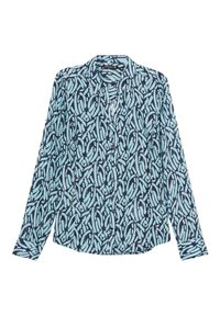 Overhemd met knoopsluiting met een marineblauwe achtergrond en een lichtblauw abstract patroon. Gemaakt van een soepele stof met lange mouwen en een kraag.
