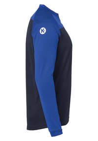 Langärmliges Sportshirt mit blauem oberen und marineblauem unteren Bereich, aus glattem Stoff und mit Logo-Akzenten an den Ärmeln.