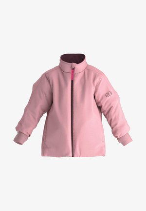 Vaate vaaleanpunaisesta fleecestä, jossa on korkea kaulus, täyspitkä vetoketju ja ribattu hihansuu. Sisältää sivutaskun ja logon hihassa.