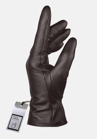 Juodas odinis pirštinė su lygiu paviršiumi ir lenktais pirštais, su užrašu "Atsparus jutiklinei ekranai."