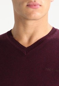 Burgundowy sweter w serek z delikatnym splotem. Posiada ribbowany dekolt i haftowane logo w dolnym lewym rogu.