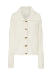 Crème rib gebreide cardigan met een brede kraag, zeven grote houten knopen en lange mouwen. Zachte textuur en aansluitend ontwerp.