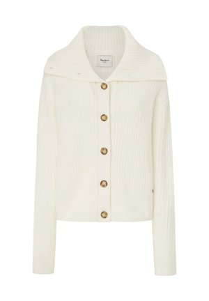 Cream ribbed cardigan with a wide collar, seven large wooden buttons, and long sleeves. Soft texture and fitted design.