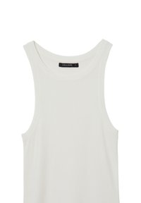 Débardeur sans manches en maille blanche, avec un col rond et une petite étiquette noire indiquant "CALLIOPE S" à l'arrière, à l'intérieur du col.