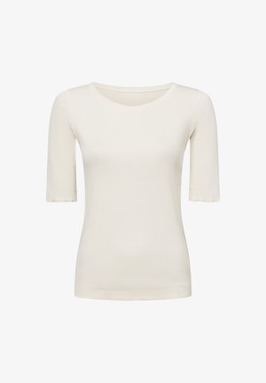 Aansluitend crèmekleurig T-shirt met korte mouwen en een ronde halslijn op een effen witte achtergrond.