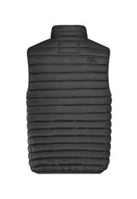 Schwarze, gesteppte, ärmellose Steppweste mit hohem Kragen und "SUB LEVEL" auf dem oberen Rücken gestickt.