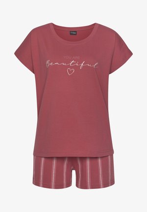 Red cotton loungewear set featuring a short-sleeve, round-neck top with white text "YOU ARE Beautiful" and striped shorts in a matching hue.