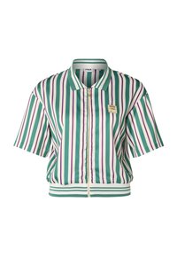 Chaqueta de manga corta a rayas en verde, blanco y morado, con cierre de cremallera en la parte delantera, ribete acanalado en el dobladillo y parche del logo de Fila en el lado izquierdo del pecho.