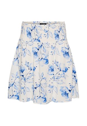 Weißer Rock mit blauem Blumenmuster, gerafftem Bund und plissiertem Volant.