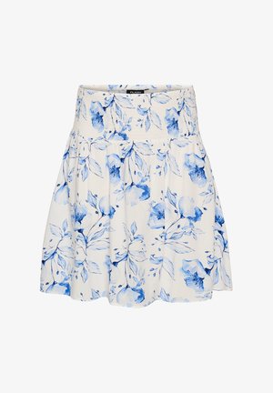 Biela sukňa s modrým kvetinovým vzorom, našitý pás a plisovaný volán.