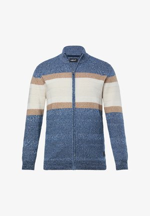 Niebieski sweter zapinany na zamek z poziomymi paskami w kolorze kremowym i tan, teksturowana dzianina, wysoki kołnierz i długie rękawy.